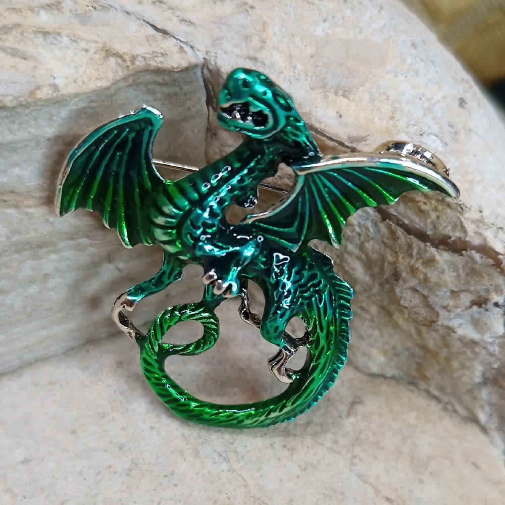 Green Enamel Dragon Reptile Pendant Brooch